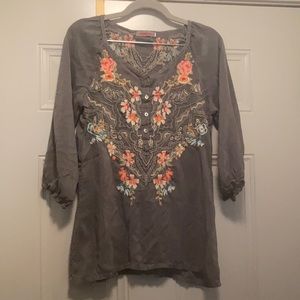 Johnny Was Women’s | Linnet Boho Sheer Peasant Blouse | Charcoal Gray| Sz XS